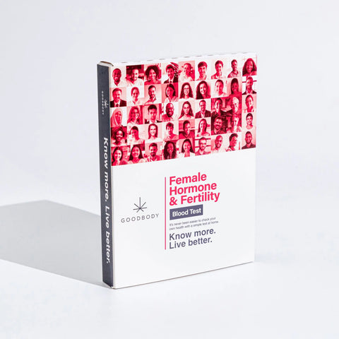 Goodbody female hormone and fertility blood test packaging on a white background
