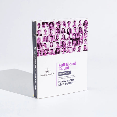 Goodbody Full Blood Count blood test packaging with multiple images on a white background