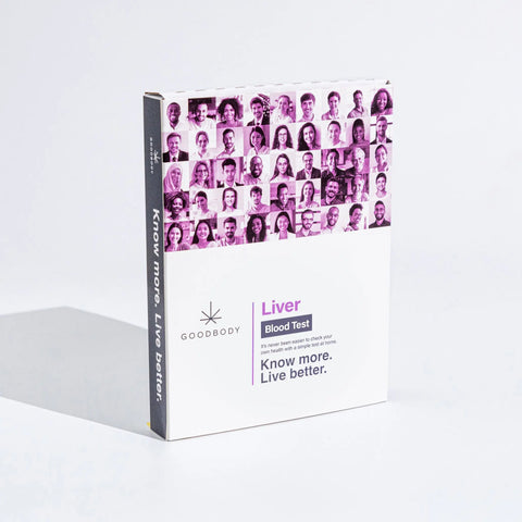 Goodbody Liver Blood Test packaging with multiple faces on a white background
