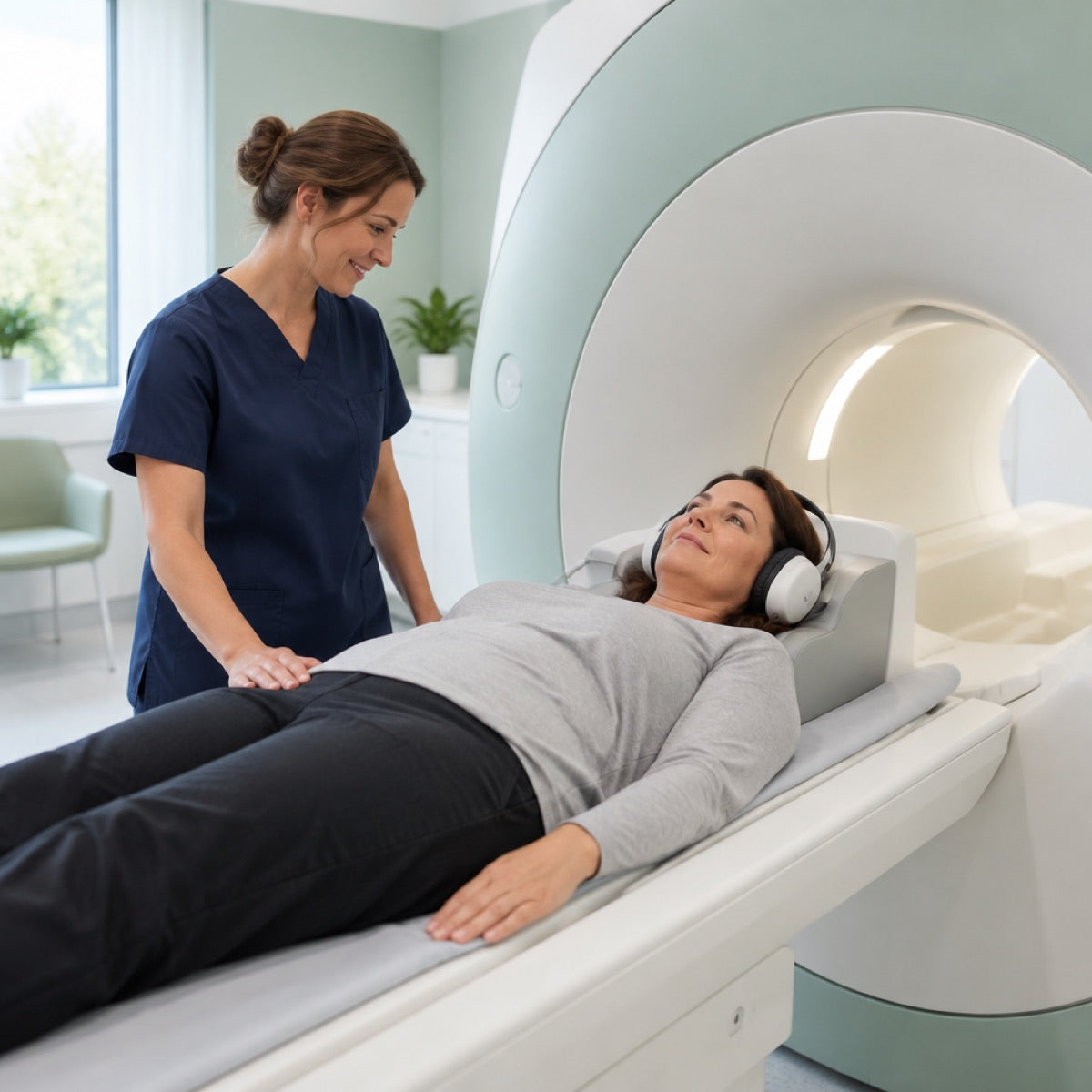 Patient lying on the MRI table before a lower back scan, with a radiographer