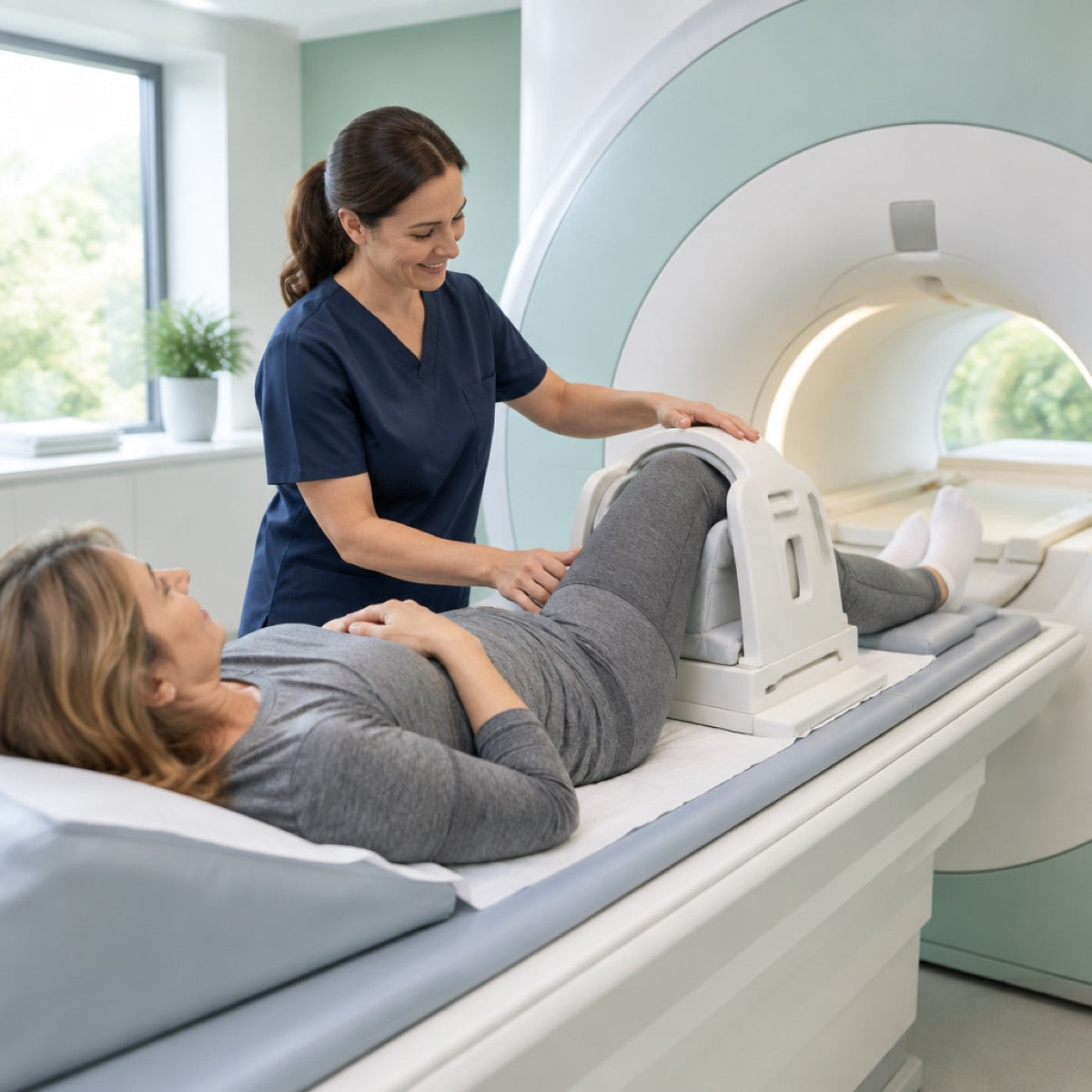 Radiographer positioning a patient's knee in an MRI knee coil