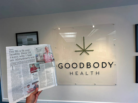 The Times Alzheimer's test feature held up in front of the Goodbody Health office sign