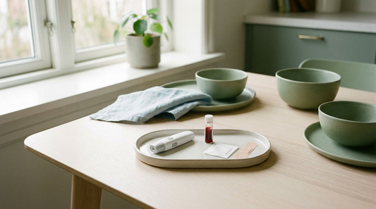 Blood test at home kit and sample tube on a kitchen table in a UK home