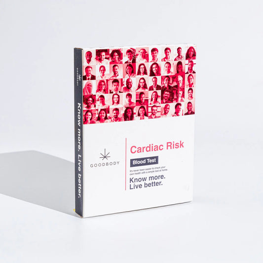 Cardiac Risk Blood Test packaging with red and white design on a white background