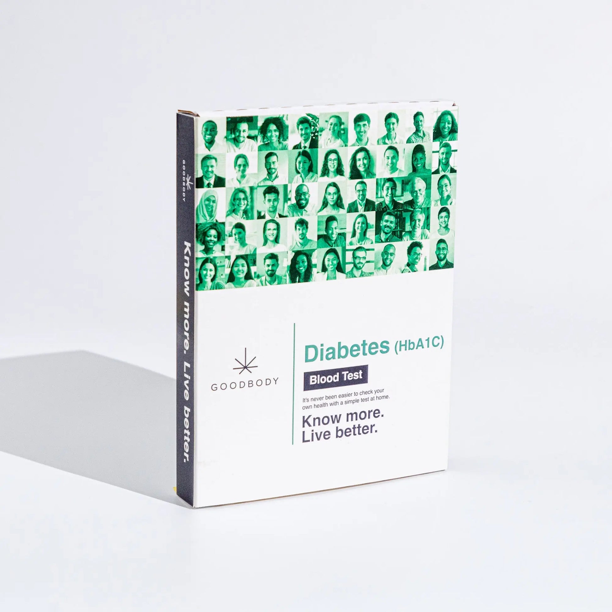 Goodbody Diabetes (HbA1c) blood test packaging with green graphics on a white background