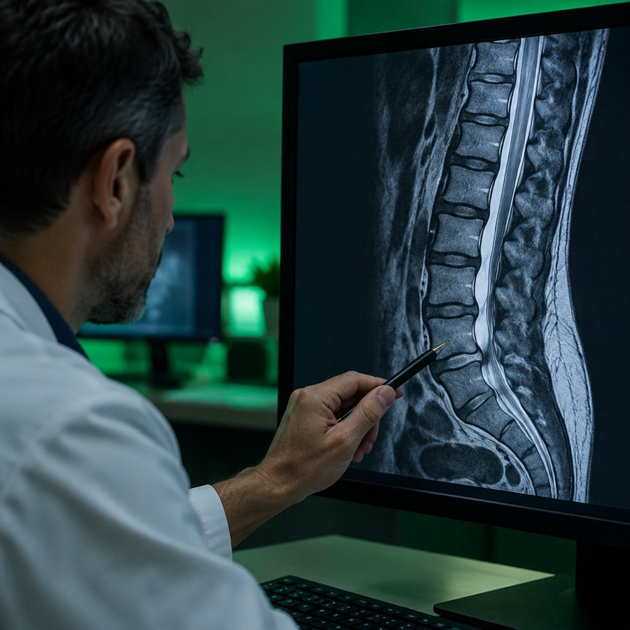 Consultant radiologist reviewing a lumbar spine MRI scan