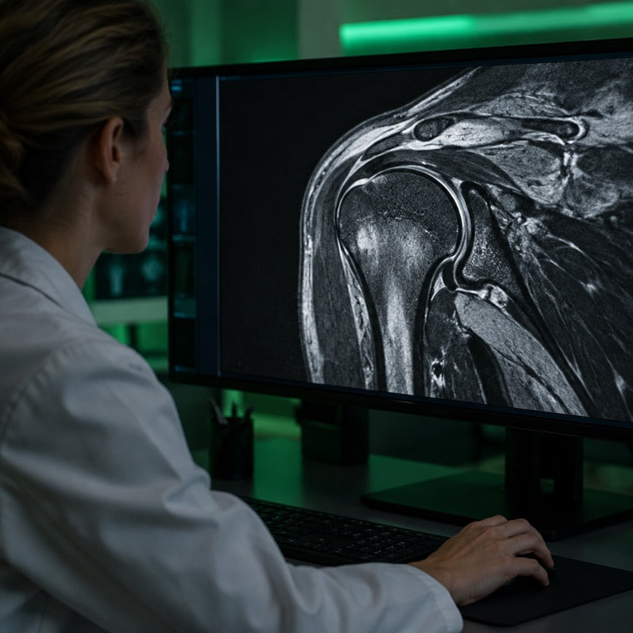 Consultant radiologist reviewing a shoulder MRI scan