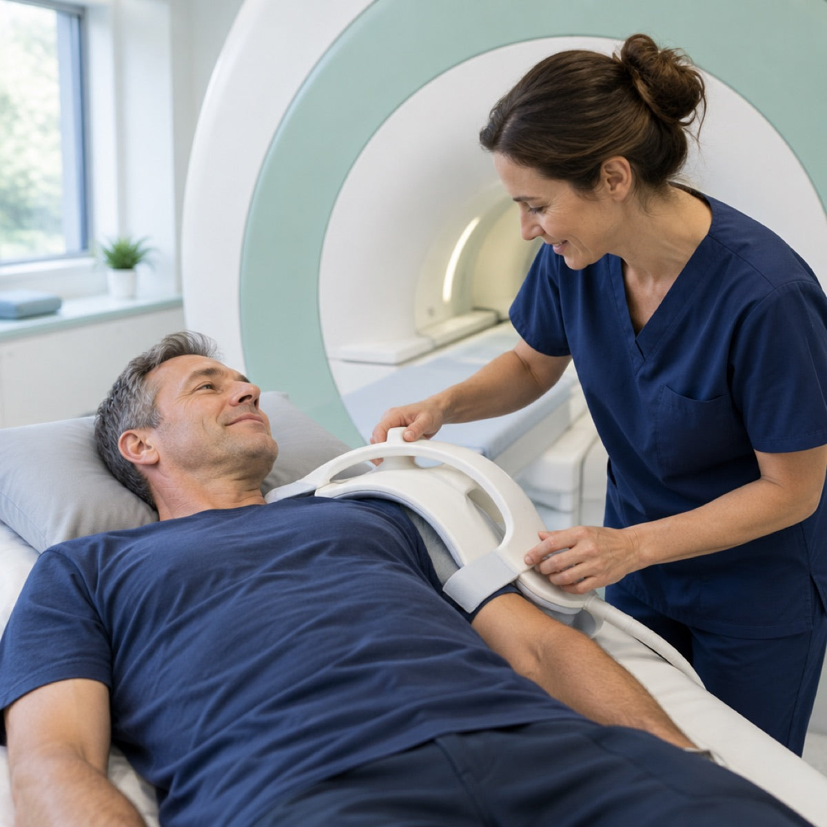 Radiographer fitting a shoulder coil for a private shoulder MRI scan